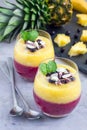 Healthy two layer smoothie for breakfast in glass, vertical