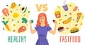 Healthy unhealthy food. Girl chooses between proper nutrition and fast food, diet plan, woman makes choice, different