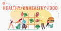 Healthy and Unhealthy Food Landing Page Template. Tiny Characters Playing Huge Tic-tac-toe with Meat, Veggies, Fast Food