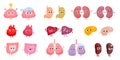 Healthy unhealthy organs. Whole and damaged human internal organ, sad or happy face characters anatomical parts stomach