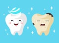 Healthy and unhealthy sad tooth cartoon characters Royalty Free Stock Photo