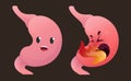 Healthy unhealthy stomach suffering from heartburn concept. Vector organ, cartoon style