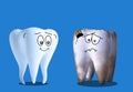 Healthy and unhealthy teeth on blue background, illustration. Dental care Royalty Free Stock Photo