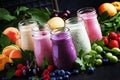 Healthy and useful colorful berry cokctalis, smoothies and milks