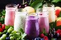 Healthy and useful colorful berry cokctalis, smoothies and milks