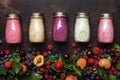 Healthy and useful colorful berry cokctalis, smoothies and milkshakes with yogurt, fresh fruit and berries on brown kitchen table