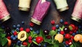 Healthy and useful colorful berry smoothies with yogurt, fresh f