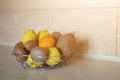 Healthy variety of food. A bowl of different tropic fruits on the table