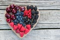 Healthy Various Fruits On Heart. Diet Abstract Concept