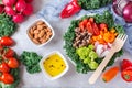 Healthy vegan buddha bowl with kale leaves and raw vegetables Royalty Free Stock Photo