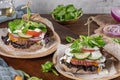 Healthy vegan burger with fresh vegetables and yogurt sauce Royalty Free Stock Photo