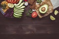 Healthy vegan food concept. Healthy food with vegetables and who Royalty Free Stock Photo