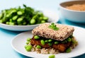 Healthy Vegan Food: Sesame Crusted Tofu, Edamame Beans, and Pak Choi