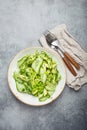 Healthy vegan green avocado salad bowl with sliced cucumbers, edamame beans, olive oil and herbs on ceramic plate top Royalty Free Stock Photo