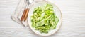 Healthy vegan green avocado salad bowl with sliced cucumbers, edamame beans, olive oil and herbs on ceramic plate top Royalty Free Stock Photo