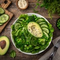 Healthy vegan green salad with avocado, broccoli, cucumber, green peas and spinach in white  bowl Royalty Free Stock Photo