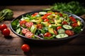 Healthy vegan lunch bowl. Avocado, quinoa, tomato, cucumber and radish vegetables salad