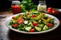 Healthy vegan lunch bowl. Avocado, quinoa, tomato, cucumber and radish vegetables salad