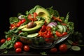 Healthy vegan lunch bowl. Avocado, quinoa, tomato, cucumber and radish vegetables salad