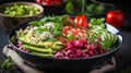 healthy vegan lunch bowl. Avocado, quinoa, tomato, cucumber, red cabbage. Generative AI
