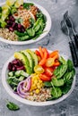 Healthy vegan lunch Buddha bowl. Avocado, quinoa, tomato, cucumber, red beans, spinach, red onion and red paprika vegetables salad Royalty Free Stock Photo