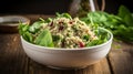 Healthy vegan quinoa spinach salad. Vegan winter salad quinoa Food recipe background. AI Generative