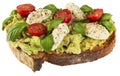 Healthy vegan sandwich with avocado, mozzarella, tomatoes and basil