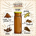 Healthy vegan spicy chocolate smoothie recipe against notepad sheet, nut milk menu with ingredients