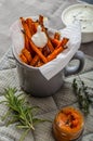 Healthy vegetable chips - french fries beet, celery and carrots Royalty Free Stock Photo