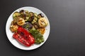 Vegetable grill with brown leather background top view with copy space Royalty Free Stock Photo