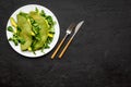 Healthy vegetable pancake. Spinach pancakes on black background top view copy space