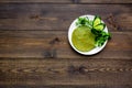 Healthy vegetable pancake. Spinach pancakes on dark wooden background top view copy space