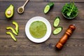 Healthy vegetable pancake. Spinach pancakes served with cucumber, avocado and greenery on dark wooden background top Royalty Free Stock Photo