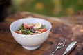 Healthy vegetable salad bowl mixed green leaves, eggs, black olives, tomato and bean sprouts on a wooden table with cutlery. Royalty Free Stock Photo