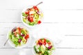 Healthy vegetable salad with fresh greens, lettuce, avocado, tomato, seet pepper and goat cheese. Delicious and nutritious diet di Royalty Free Stock Photo