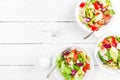 Healthy vegetable salad with fresh greens, lettuce, avocado, tomato, seet pepper and goat cheese. Delicious and nutritious diet di Royalty Free Stock Photo