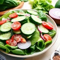 Healthy vegetable salad of fresh tomato, cucumber, onion, spinach, lettuce and sesame on plate. Diet menu Royalty Free Stock Photo