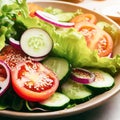 Healthy vegetable salad of fresh tomato, cucumber, onion, spinach, lettuce and sesame on plate. Diet menu