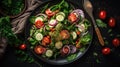 Healthy vegetable salad of fresh tomato, cucumber, onion, spinach, lettuce and sesame on plate. Diet menu. Top view, generative ai Royalty Free Stock Photo