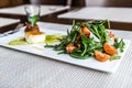 Healthy vegetable summer salad, fresh vegetables and dressing with grilled cheese flambe arranged on plate dinner table Royalty Free Stock Photo