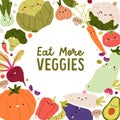 Healthy vegetables frame, organic vegetarian card design. Cute funny veggies characters background with natural farm