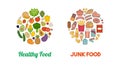 Healthy vegetables and junk food