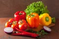 healthy vegetables pepper tomato salad onion on rustic background Royalty Free Stock Photo