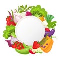 Healthy vegetables and vegetarian food round banner. Fresh organic food, healthy eating background with place for text