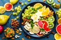 Healthy vegetarian bowl dish with fresh fruits and nuts. Plate with raw apple, orange, grapefruit, banana, kiwi, lemon, grape, alm Royalty Free Stock Photo