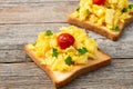 Healthy vegetarian breakfast . Scrambled eggs toast with cherry tomatoes and parsley Royalty Free Stock Photo