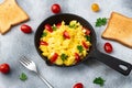 Healthy vegetarian breakfast . Scrambled eggs toast with cherry tomatoes and parsley Royalty Free Stock Photo