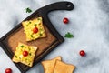 Healthy vegetarian breakfast . Scrambled eggs toast with cherry tomatoes and parsley Royalty Free Stock Photo