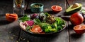 Healthy vegetarian buddha bowl salad with vegetables and fruit avocado, blood orange, broccoli, watermelon radish, spinach, quinoa Royalty Free Stock Photo