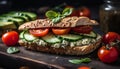 Healthy vegetarian ciabatta sandwich with fresh organic tomato and cucumber generated by AI Royalty Free Stock Photo